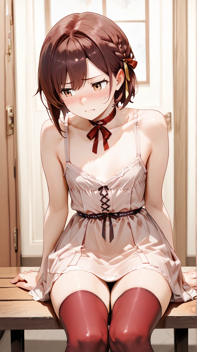 Taeko Kondo、Girls&Panzer、Brown Hair、Short Hair、((pantyhose))、Photo from below、Medium chest、Bedroom、(Sleeveless shirt)、Red ribbon、Black Panties、Checkered mini skirt