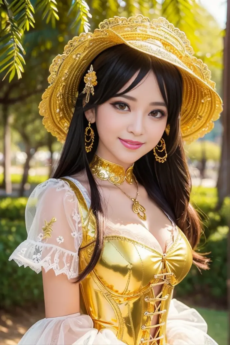 nsfw, sexy golden Thai princess, only 1 female, ((doll-like appearance)), short fuchsia stylish hair, ((shiny Victorian-Style boots)), (big smile), ultra detailed eyes, vivid golden eye makeup, lipgloss, long lashes, defined eyebrows, ((sexy golden Paradise Kiss cosplay)), bell-shaped skirt, petticoats, high neckline, puffed sleeves, ((ultra detailed golden lace)), ((ultra detailed golden embroidery)), intricate details, golden Paradise Kiss accessoires and matching golden headpiece, golden choker, ((large sparkling golden Paradise Kiss jewelry)), cinematic light, detailed large park background with trees