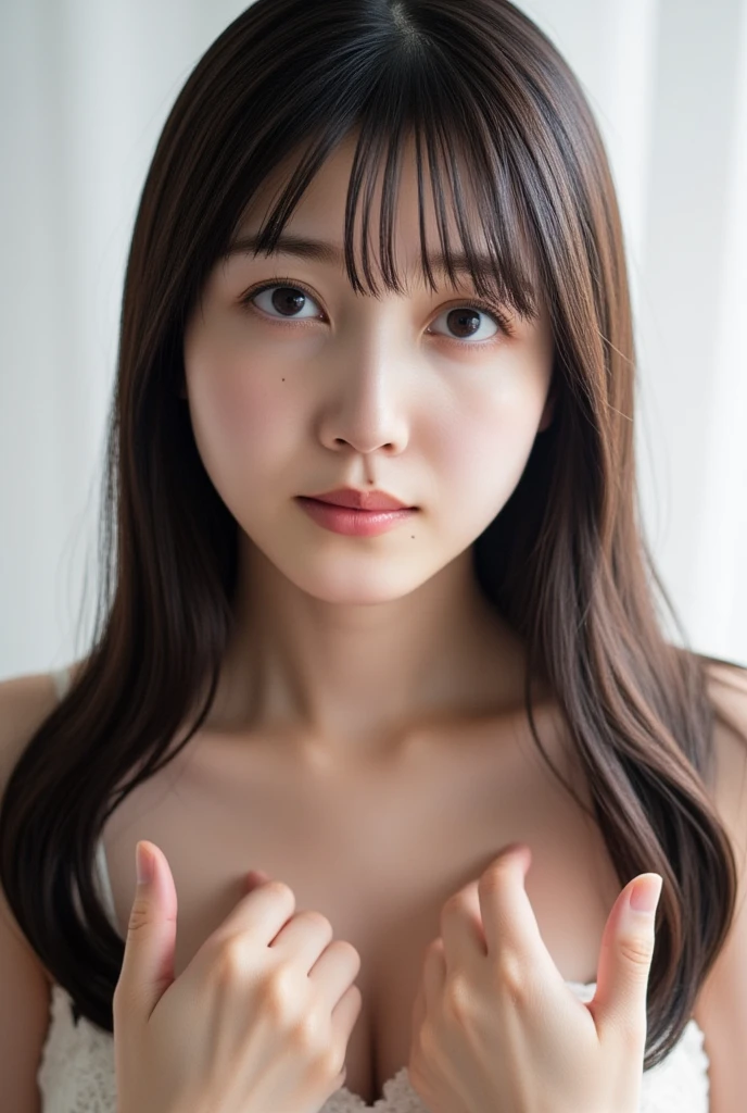 highest quality, Realistic, 8K, High resolution, 1 Girl, woman, (Skin dents), (Portraiture:0.6), nice, ((White Background, Completely naked, Small breasts:1.65)), (Long brown hair, Parted bangs:1.4), Watching the audience, (1 Girl eyes Watching the audience:1.6), Realistic, (Bokeh), (Closed Mouth, smile:1.3), nice, Purelos Face_V1:1,