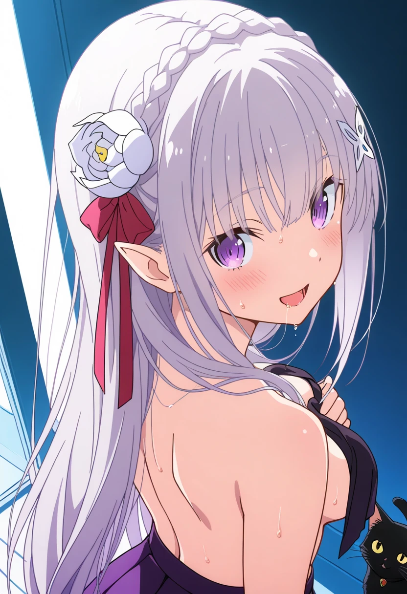 Elena, (tmasterpiece:1.6, best qualityer), 1girll, 独奏, shiny skins, whaite hair, shinny hair, long whitr hair,鎖骨, Bow knot, Pink bow, whitegloves, jewely, simple backgound,nakeness,nakeness。