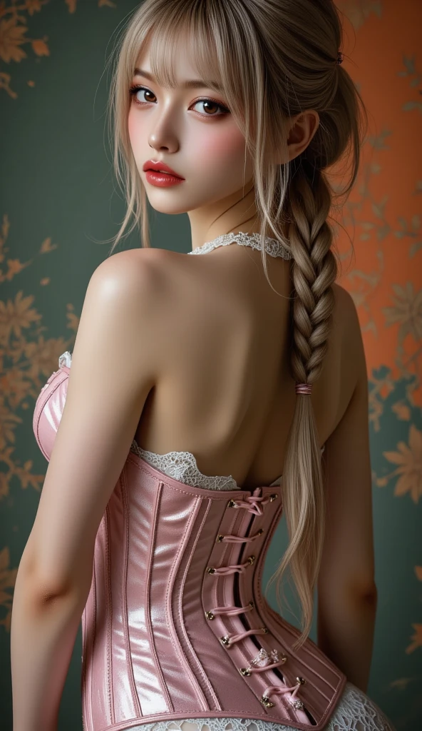 Woman, serious, Warrior, armor, elegant, pink dress, aristocratic, Silver elements, long nails, bare shoulders, Hairstyle, hair up, Braid and ponytail, messy, Arrogant, absurd, detailed dress, royalty, celebration, Hall decorated with flowers , cowboy shot, portrait, (Best quality), (Masterpiece), (very detailed), (4K)