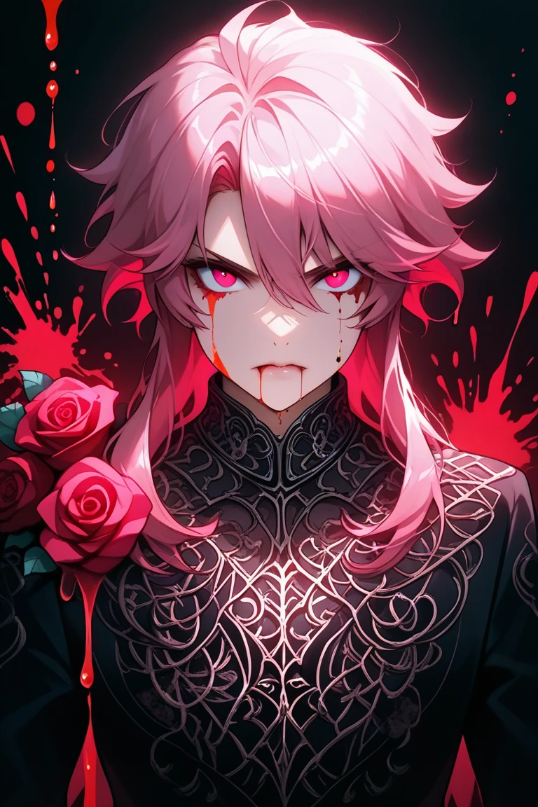 a boy with a hairstyle (mullet) Pink color, purple eyes with marks on the face and it is very elegant that it has (a wicked smile) and that he has a gun and is a little stained with blood