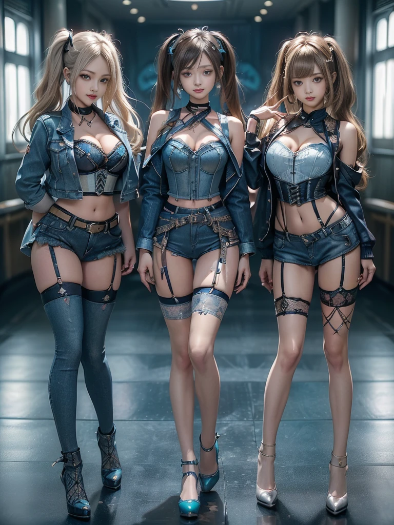 (Three Girls, 3 girls:1.5)、(Full Body View:1.2)、(Back view:1.4)、(Smiling with teeth showing:1.3),(Shibuya Gal:1.5)、(Beautiful:1.4)、(Neo-Goth Fashion:1.5)、(Punk RockVisual Kei:1.3)、(Futuristic turquoise, denim and navy blue bodysuit:1.5)、(Delicate denim and turquoise cardigan:1.5)、(Gorgeous decorated corset:1.4)、(Navy denim garter belt:1.5)、(Delicate denim, navy and black cargo pants:1.3)、(Heart-shaped silver accessories:1.5)、(Brown Skin Belt:1.4)、(Blue High Heels:1.4)、(Lace underwear:1.4)、20-year-old、Browsing Caution,((Highest quality、In 8K、masterpiece:1.3))、Sharp focus:1.2、(Layered Cut、Huge breasts:1.1),Beautiful woman with perfect figure:1.4、(Dance vigorously:1.3)、Slim Abs:1.2、Butt、Highly detailed face and skin texture、Fine grain、double eyelid,(Twin tails:1.3)、(Brownish golden hair:1.3)、Obscene、Idol Sculpture、(The three of them are posing together:1.3)、(In the background is a gorgeous medieval metropolis on a sunny day:1.3)、(Slimming your legs:1.4)、(The body is slim:1.3)、(clavicle:1.1)