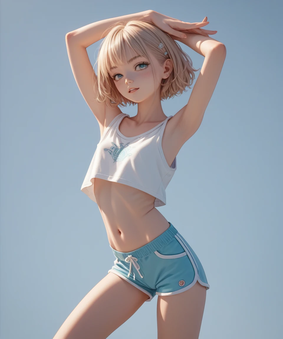(solo), (a detailed full body RAW photo of a woman), (masterpiece:1.0), (best quality:1.4), (ultra highres:1.2), (photorealistic:1.4), 8k resolution, Canon EOS R5, 50mm, absurdres, ultra detailed, (18yo), sharp focus, cinematic lighting, detailed beautiful face, (makeup:1.2), (ulzzang-6500-v1.1), figure, detailed skin texture, pale skin, flat chest, (skinny and fit body:1.3), thigh gap, detailed brown hair, (very messy hair:1.5), (Avril Lavigne:0.7), smiling, (sports bra, no pants), realistic glistening skin, (bedroom:1), (cameltoe:1.3), (sweating:1.45), slim waist, seductive smile, solo, pussy creampie