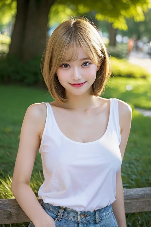 8K,Masterpiece,One woman,Smile,28 years old,blue eyes,Blonde Hair,Short Bob Hair,White Dress,Ella Freya, a beautiful Dutch YouTuber(Ella Freya),Bust up photo