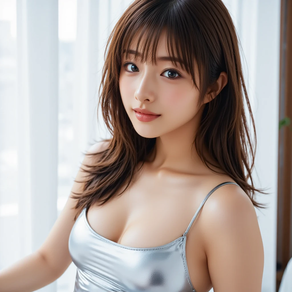 Highest quality, 8K, Tabletop, Realistic, Realistic, , (窓からはLate Nightの大都会の夜景、Ample breasts:1.2), Big Breasts, , , Abundant hips, Detailed face, Beautiful Face, , Beautiful woman,((Gray detailed eyes、Translucent skin texture、A shy smile、Fluffy hair、Light Brown Hair、Big city view from the window、Shaggy Cut、Floating Hair、、Cute Japanese Idols:1.4)). (、short hair、Floating Hair、Parted bangs、Bedroom、Sit on the bed、Place your hands on your feet、Late Night、indirect lighting、Sheer white bra and panties、Ample breasts、Looking into the camera:1.2))