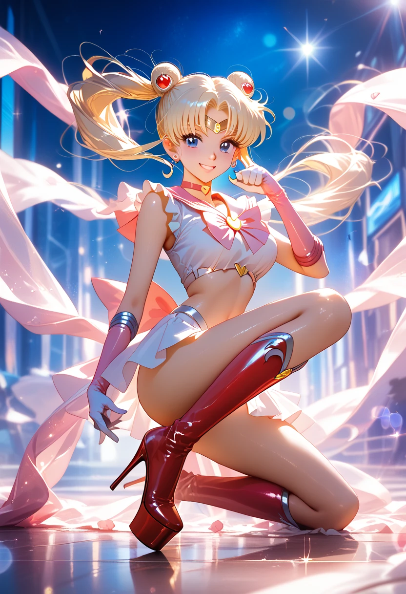 Glamour Queen has wavy blond hair. She has peach skin. She has brown eyes, and pink lipstick. She has a magenta, ruffly, leotard, a white necklace, and a big bow on the back of her leotard. She has magenta sandals with pom poms. SPARKLE; GLITTER