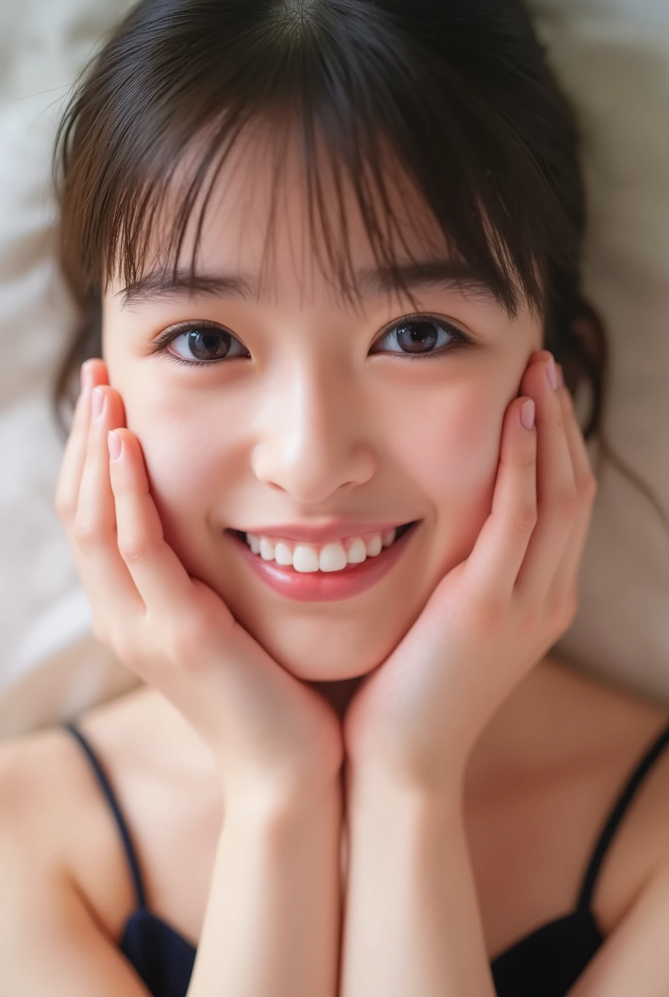 extreme close-up portrait, beautiful girl with her love-struck, radiant face filling the entire frame (95% face ratio), gently placing both open hands on her flushed cheeks with soft fingers, soft black camisole, white blurred background, eyes dreamy and half-lidded, deeply adoring gaze fixed straight at the viewer, irises ultra-detailed with intricate rainbow reflections and glowing catchlights, moist and sparkling eyes as if about to tear up from overwhelming joy, soft melting smile revealing slightly parted lips and upper teeth, skin with visible soft pores, realistic skin texture with warm lighting and subtle shadows, delicate eyelashes, glossy lips with natural highlights, cheeks glowing with deep blush, cinematic soft lighting, lifelike expression full of romantic euphoria, overflowing with happiness, warmth, and pure affection, subtly tilting her head as if whispering a name in total bliss, ultra photorealistic, masterpiece, 8K, hyperreal detail, skin pores, detailed iris texture, cinematic mood