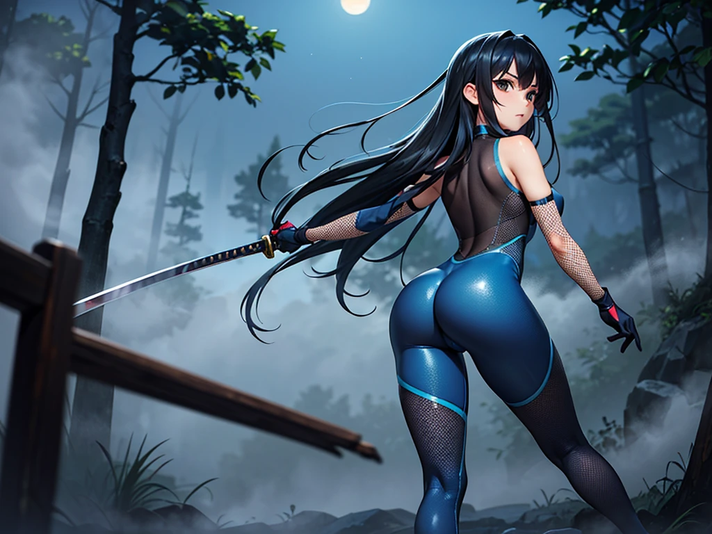 One Girl、(Matanaka Nekomiya from ZenZero)、Black Hair、Long Hair、Back view、Facing a giant beast monster、Hall々and、Holding a Japanese sword、Skin-tight suit