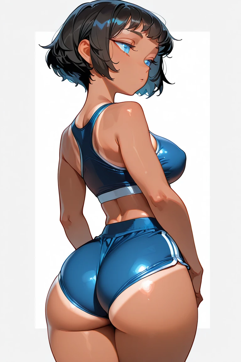 Big tits, bikini, blue hair, blush, clothed, female only, short hair, swimsuit, wide hips, thick, ass view
