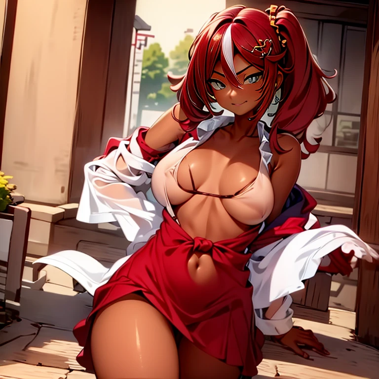 yokoli scarf red_hair ponytail, blushed, frown, sweating, NSFW, wet pussy, naked,