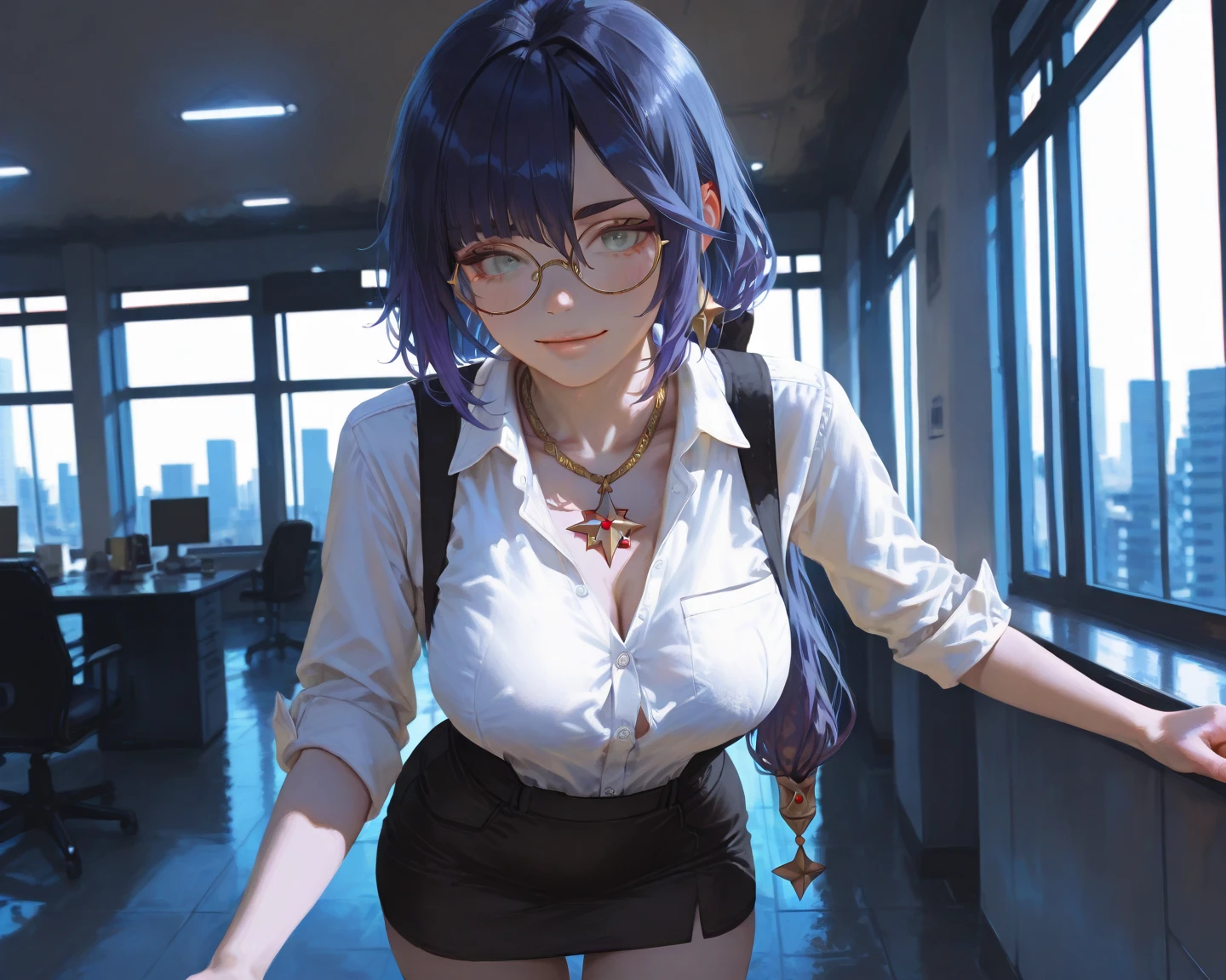 (NSFW:1.1), (realistic, photo realistic:1.2), (highest quality), (extremely sharp focus), (crisp details), (high resolution), 4K, 8K, A detailed, high-quality rendering of Mona Megistus from Genshin Impact, styled in a casual yet professional outfit suitable for office work. She sports a tailored, light blue button-down shirt with rolled-up sleeves, paired with a sleek black pencil skirt. big breast, wear round eye glasses. A delicate gold necklace with a star pendant adds a subtle touch of her magical identity. Her vibrant blue hair is tied in a neat low ponytail, framing her face. Mona's expression is confident and composed, radiating intelligence and professionalism as she stands against a blurred backdrop of a modern office building. The lighting is soft and natural, illuminating her features and highlighting the texture of her clothing. The overall style is a blend of digital painting and a high-quality photo realistic illustration for the ultimate artistic blend, focusing on a detailed and stunning appearance. soft cinematic light streaming in from a window, casting long natural shadows, cold color palette.