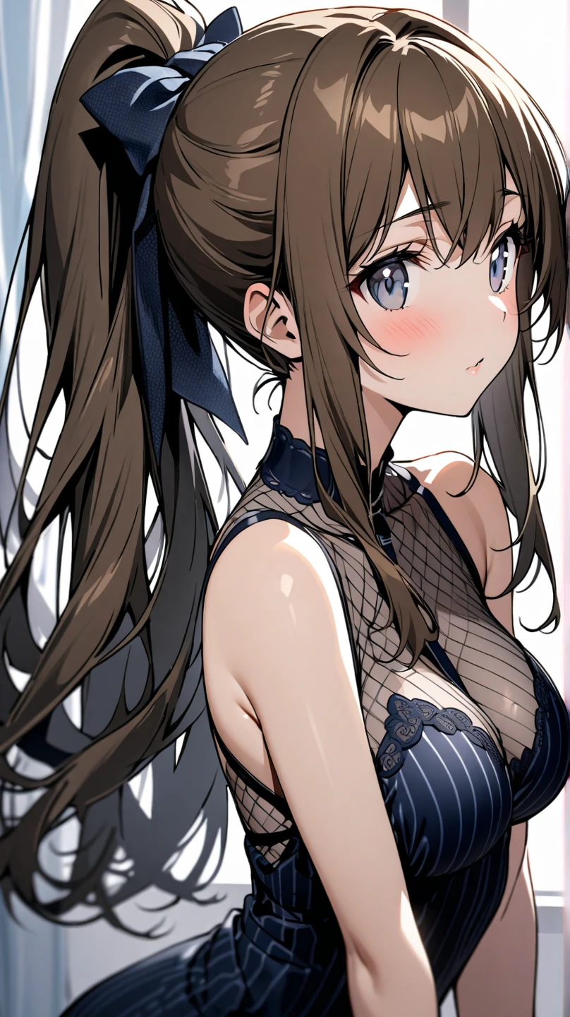 1girl, solo, lisarnd, (see-through lingerie) , medium busty, smiling, (blushing:1.2), (grabbing breasts:1.2), intricate details,