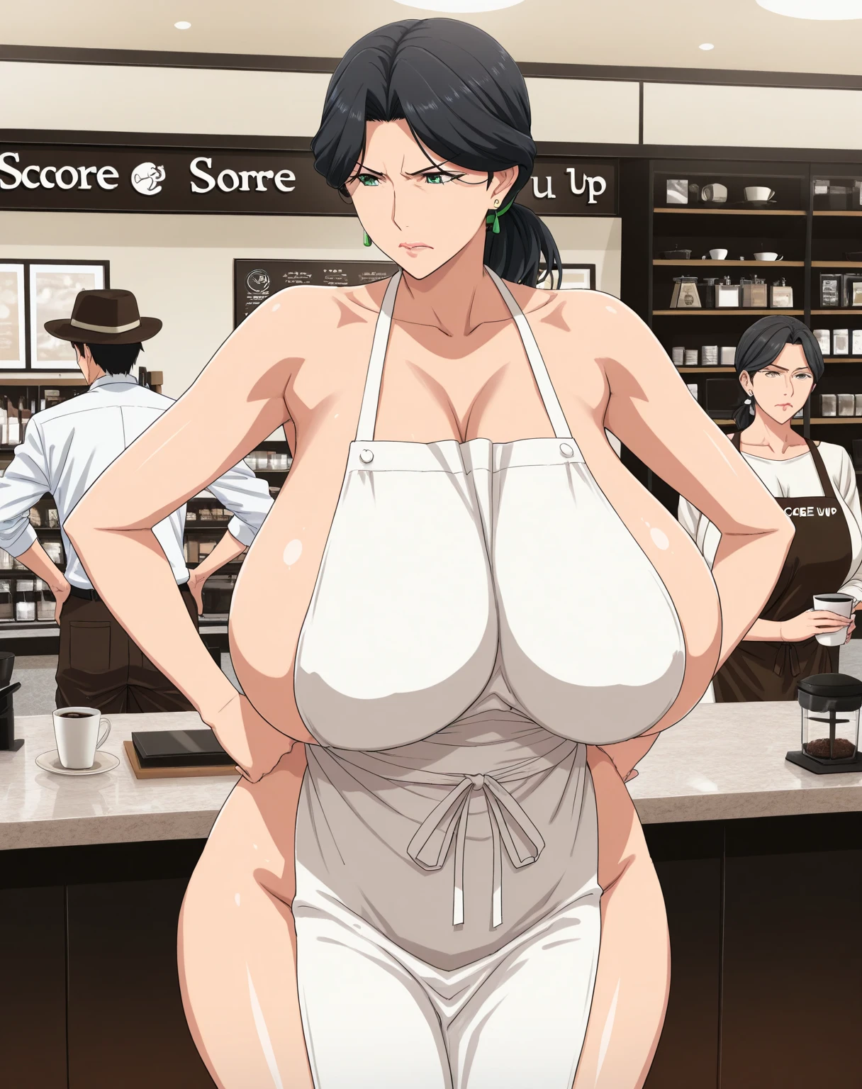 It shows two naked women in a cafeteria having breakfast surrounded by people, giant chest and ass