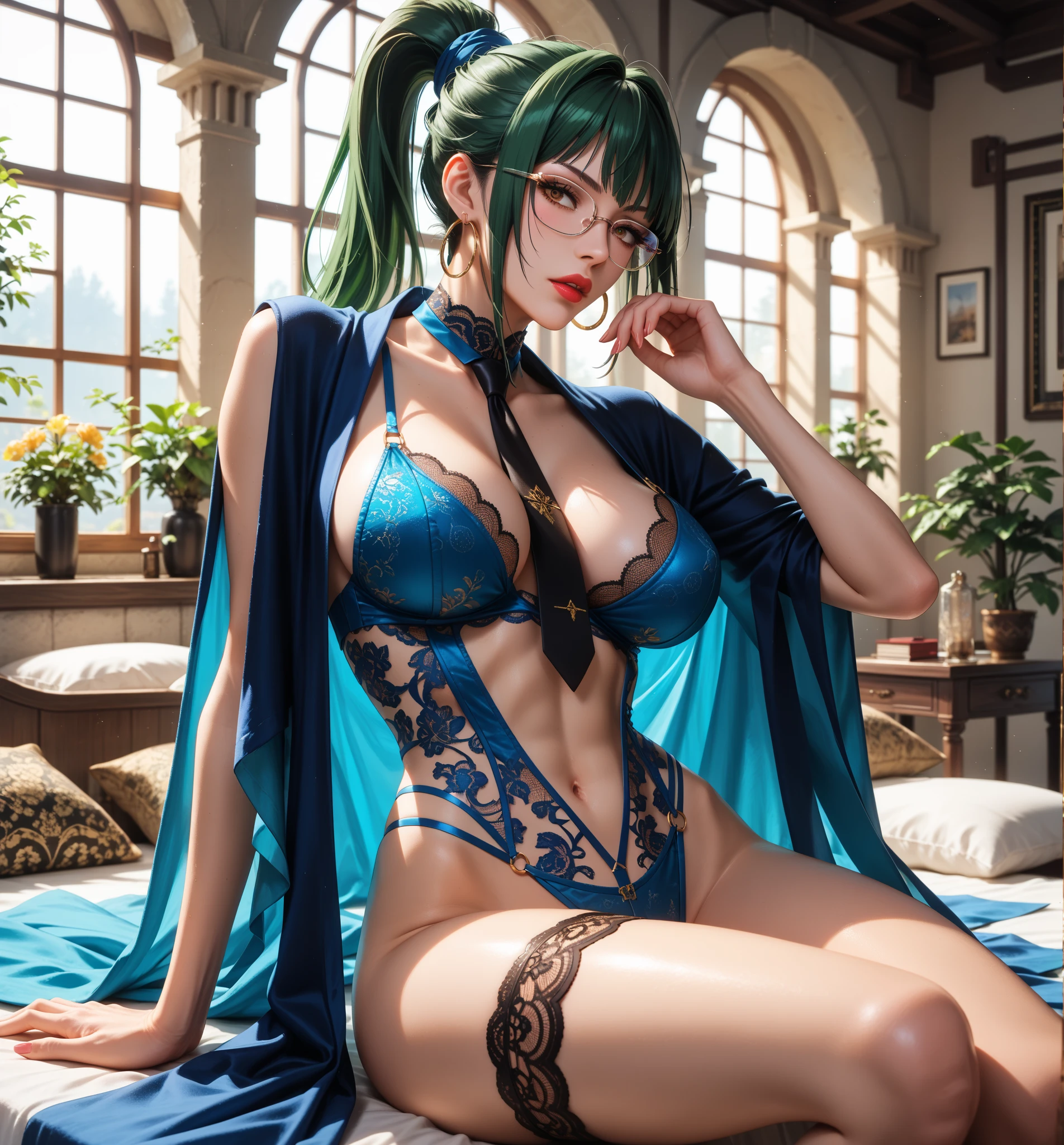 1girl,a beautiful fashion model ,(masterpiece, detailed background, best quality),short and shiny hair, blue green hair, hair with highlights,smirk,juicy lips,red lips, calmart, lingerie, stripping, elegant makeup, blue eyes, full body shot