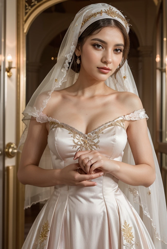 Her Majesty the Queen of England in the 18th Century, A dress with a narrow waist and rich embellishments, Perfect breast shape, masterpiece, Highest quality, Intricate details, Sharp focus, ((alone:1.4), View your viewers, Ultra-high resolution, (One girl:1.4), Detailed Background, Big tiara, Lots of gems, Cleavage