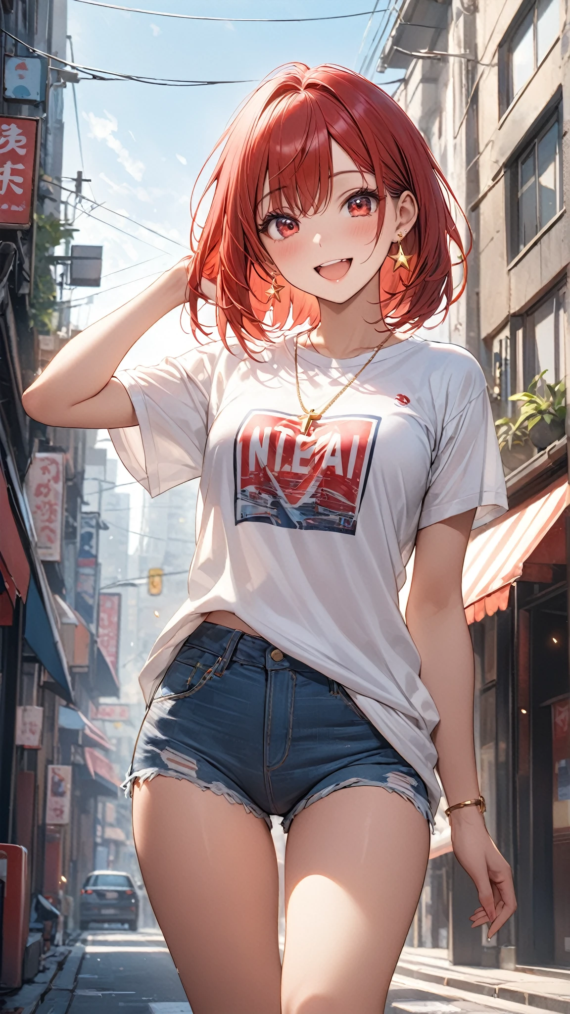 1girl, short red hair, red eyes, wearing paln black shirt, denim jeans, city, tokyo, high res, ultrasharp, 8K, masterpiece, looking at viewer