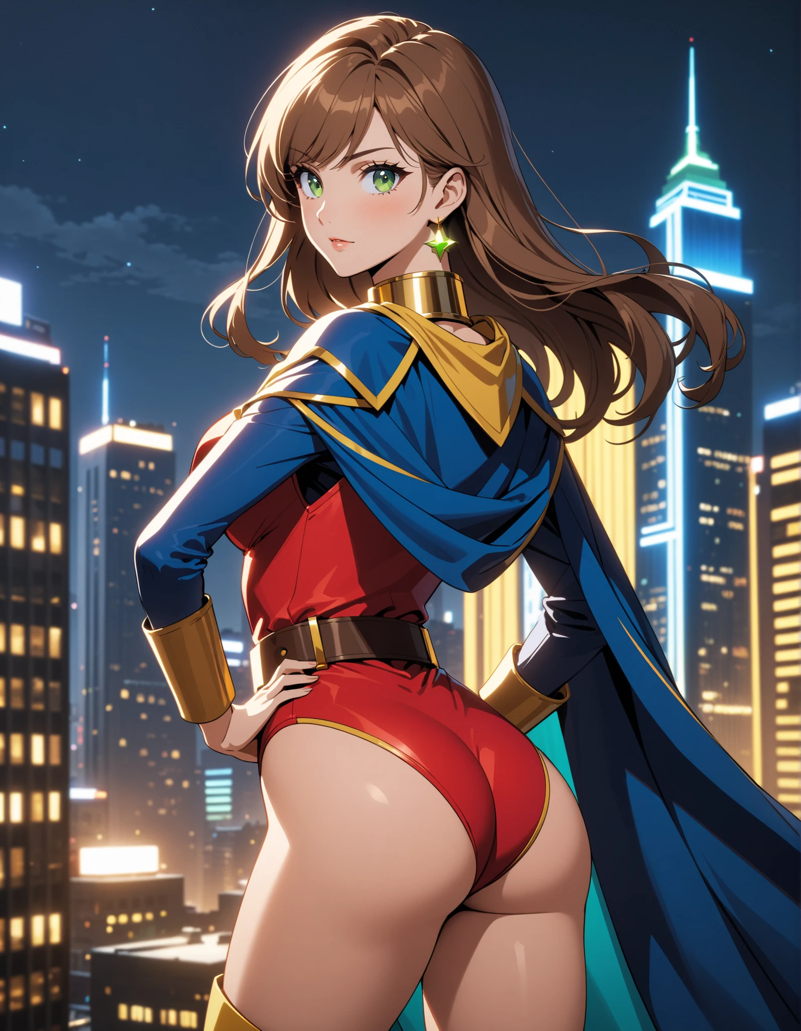 a super heroine brunette very embarrassed in the street. She has scratches. her costume is torn. we see a nude breast through a tear in her costume and her panties through her tattered skirt. his cape is in tatters