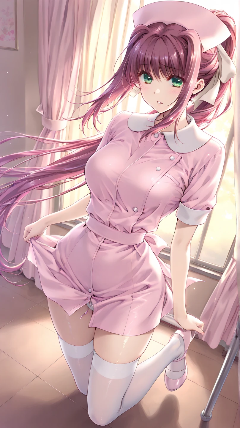 uma mulher com uniforme de Nurse posando em uma sala, seductive anime girl, character is in his natural pose, trends on cgstation, style artgerm, Nurse, beautiful seductive anime woman, elegant pose em pé, 极其详细的Artgerm, pose sexy, anya from the spy family x, fully dressed. painting of sexy, trends on cgstation, elegant pose