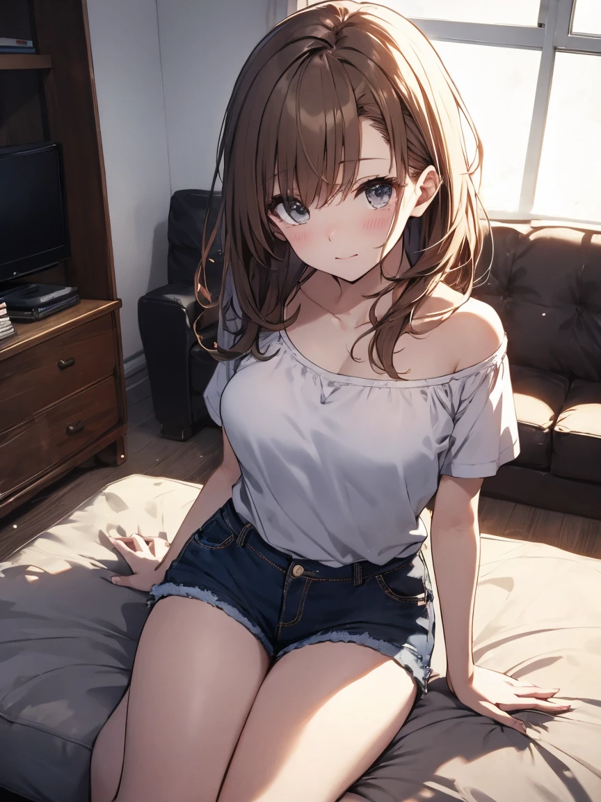 (Masterpiece, highest quality, high resolution, realistic photo, realistic looking skin:1.1),
(The woman is crouching with her legs closed with both knees and thighs together: 1.8),
(We are sitting directly in front of her to see her panties: 1.8),
(She is resting both elbows on her knees and resting her cheekbones on her cheekbones:1.8),
(glimpse of panties: 1.5),
(smiling kindly expression:1.8),
(She is wearing a white tank top:1.8),
(She is wearing a denim mini-skirt: 1.8),
(She has bare legs and bare feet:1.8),
(panties are white with a pattern: 1.5),
(She has medium brown hair: 1.8),
(She is 18 years old and has a young face: 1.5),
(She is the most beautiful girl in her grade: 1.5),
(She has ample breasts: 1.5),
(Location: apartment living room:1.5),
1 Japanese girl, solo, full bodied esbian, beautiful eyes, shining eyes, shining thighs, NSFW