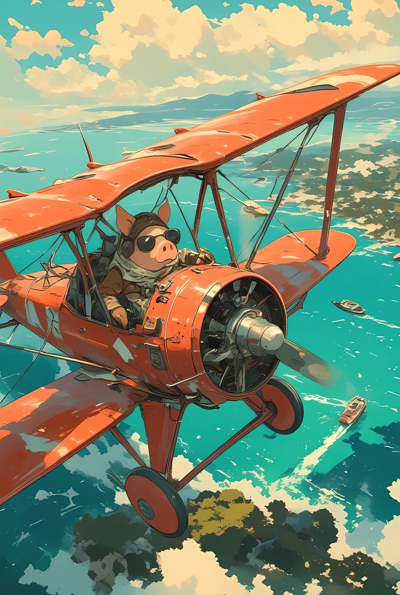a cinematic anime-style illustration of a humanoid pig pilot flying a vintage red seaplane biplane over the sparkling blue waters of the Mediterranean Sea,
he has the face of a pig with a rounded snout and wears dark aviator sunglasses and a white pilot scarf fluttering in the wind,
his outfit includes a brown leather flight jacket, gloves, and tall boots, evoking a retro flying ace look,
he sits confidently in the open cockpit of the seaplane, one hand on the controls and the other resting casually,
below, the clear turquoise waters of the Mediterranean reflect the sky, dotted with scattered islands and distant fishing boats,
the warm sunlight bathes the scene in golden tones, casting long shadows over the clouds and water,
the biplane leaves a soft white trail as it glides gracefully through the air,
illustrated in a painterly anime style inspired by Studio Ghibli, with soft textures, nostalgic lighting, and a blend of adventure and quiet beauty