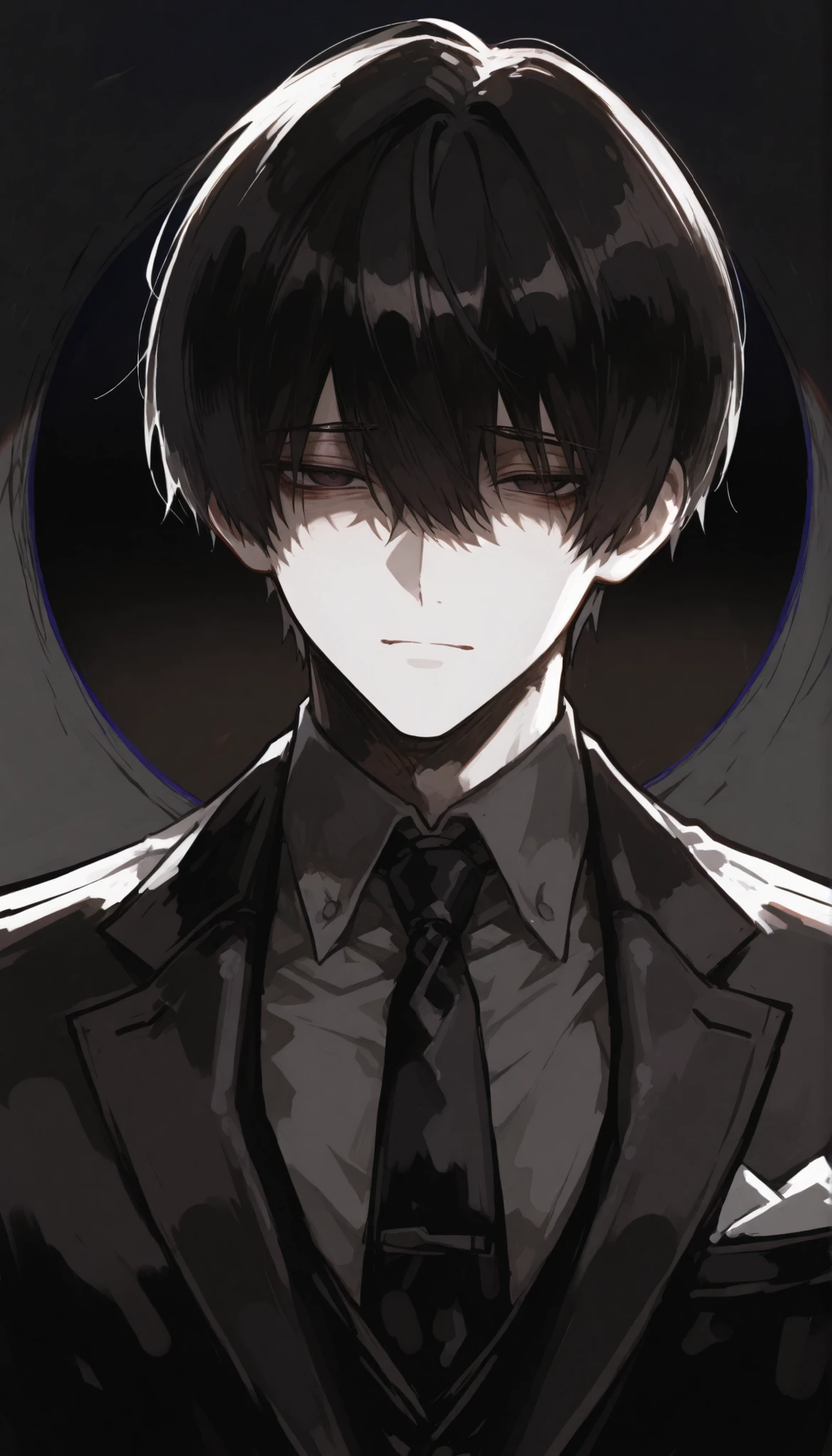 dark atmosphere, Adult male,  black hair,  fluent language  ,  one boy ,  dark eyes,  No Emotion , male focus,  flameout , reality , Bust ,  sexy boy ,  bangs over eyes 、Downcast eyes、suit、Thin eyebrows