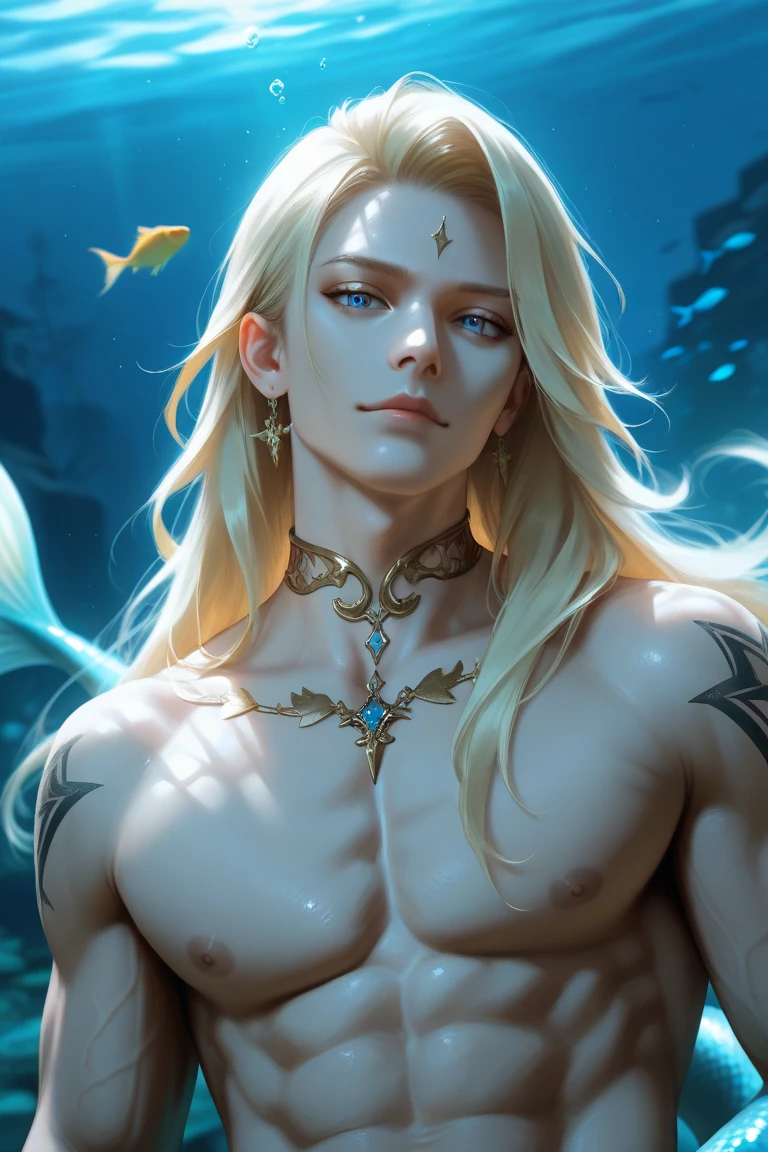 1 person, underwater, skeleton, corpse, under the surface of the sea covered with coral and seaweed, a young man with long blond hair (mermaid) stares at you from a bunch of flowers and sea fish. There was a strange light in his eyes.