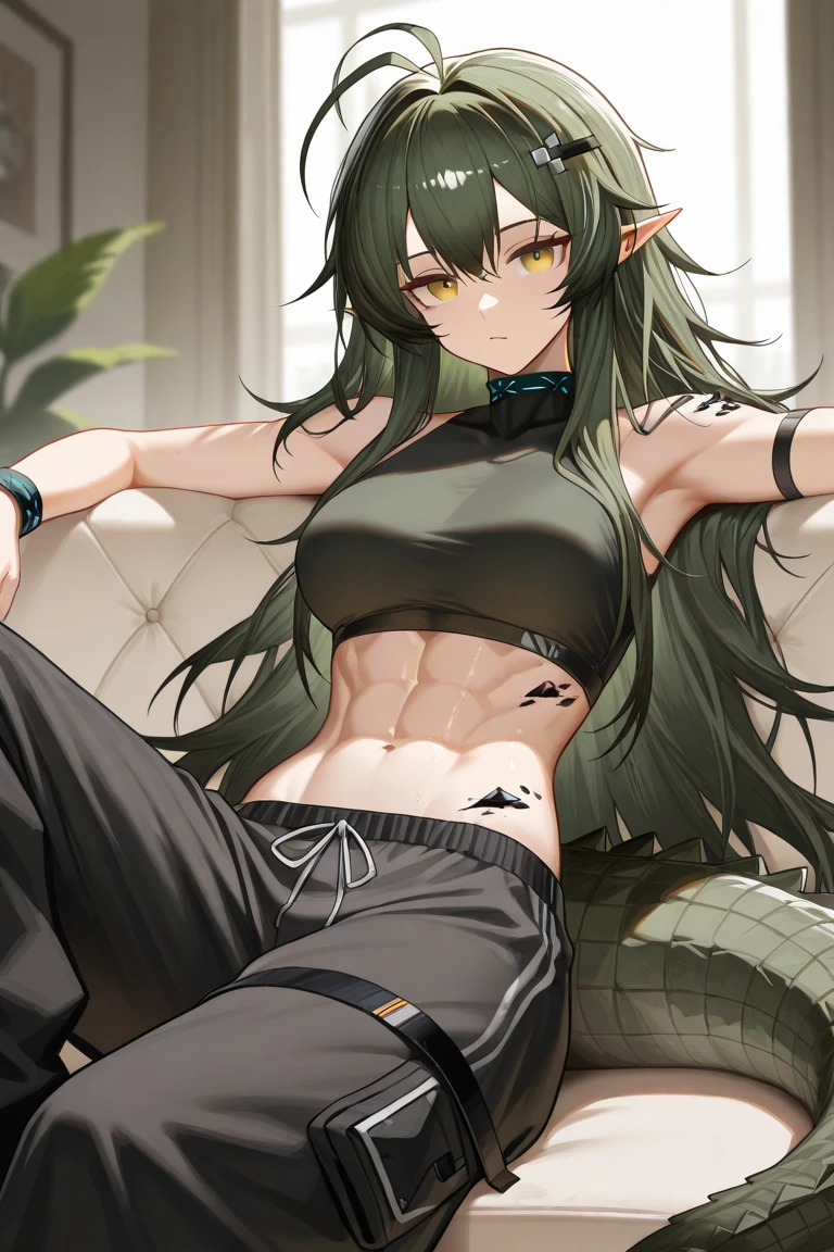 (Masterpiece), Best Quality, expressive eyes, Perfect face, 1 girl, neeko, old, standing, ((Little mom)), Alone, (ABS), ((green fur)), short hair, green eyes, ((tsundere)), ((ashamed)), ((shy), looking at the viewer, Perfect eyes, Perfect face, ((hands behind the back)), ((arms down)), cowboy shot, simple background, Gray background, virgin destroyer sweater, belly button, Thighs,