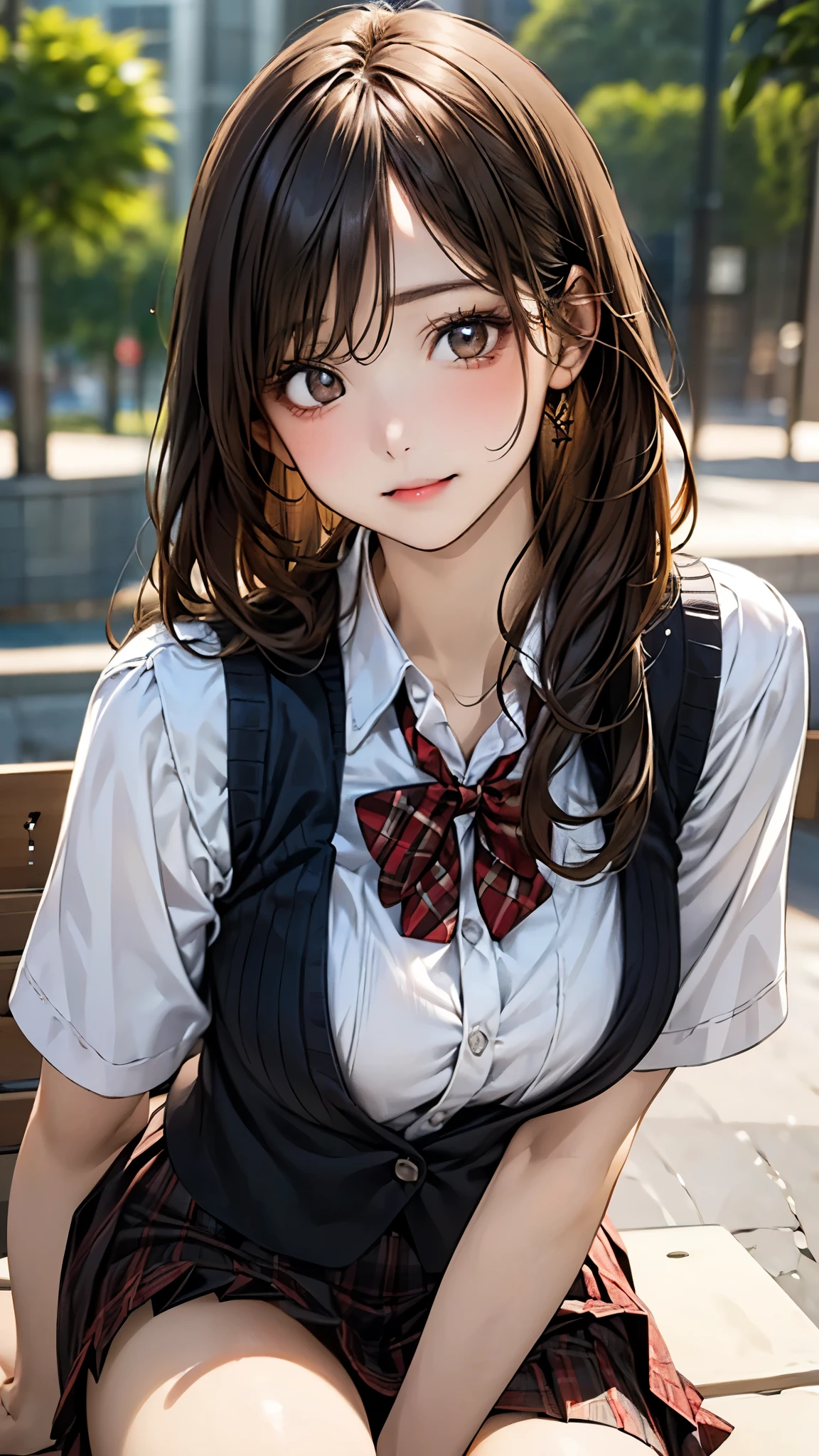 (masterpiece:1.3, top-quality, ultra high res, ultra detailed), (realistic, photorealistic:1.4), beautiful illustration, perfect lighting, natural lighting, colorful, depth of fields, 2025s, ,
beautiful detailed hair, beautiful detailed face, beautiful detailed eyes, (perfect fingers, five fingers, perfect anatomy, anatomically correct, super detailed skin), white skin, shiny skin,
looking at viewer, (face focus,), 1 girl, high school girl, hanako, cute and symmetrical face, perfect face, perfect eyes, perfect body, babyface, cute face:1.2, tiny,
(long hair, straight hair, long sidelocks, dark brown hair), swept bangs, light brown eyes, long eye lasher, (large breasts, narrow west, seductive thighs), skin dentation, outstanding style,
(detailed cloth texture), break, ((light brown knit vest)), break, (red plaid bowtie, red pleated skirt), break, (white collared shirt), break,
(beautiful scenery), summer, night, detailed background, (park:1.5), sitting bench, (pose with movement), (pout),