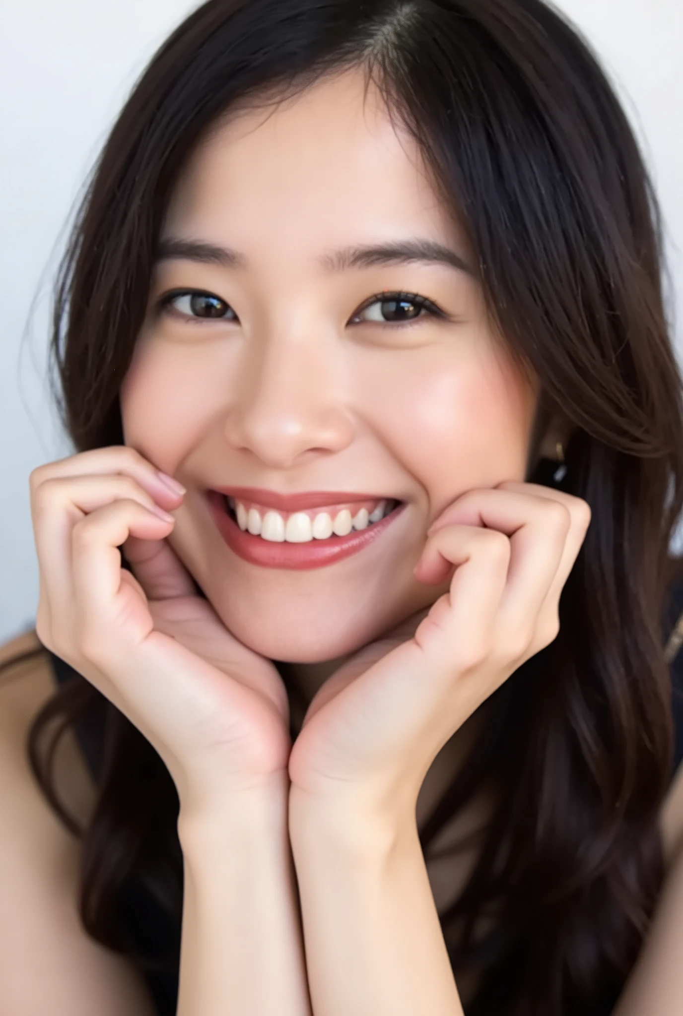 extreme close-up portrait, beautiful girl with her love-struck, radiant face filling the entire frame (95% face ratio), gently placing both open hands on her flushed cheeks with soft fingers, soft black camisole, white blurred background, eyes dreamy and half-lidded, deeply adoring gaze fixed straight at the viewer, irises ultra-detailed with intricate rainbow reflections and glowing catchlights, moist and sparkling eyes as if about to tear up from overwhelming joy, soft melting smile revealing slightly parted lips and upper teeth, skin with visible soft pores, realistic skin texture with warm lighting and subtle shadows, delicate eyelashes, glossy lips with natural highlights, cheeks glowing with deep blush, cinematic soft lighting, lifelike expression full of romantic euphoria, overflowing with happiness, warmth, and pure affection, subtly tilting her head as if whispering a name in total bliss, ultra photorealistic, masterpiece, 8K, hyperreal detail, skin pores, detailed iris texture, cinematic mood