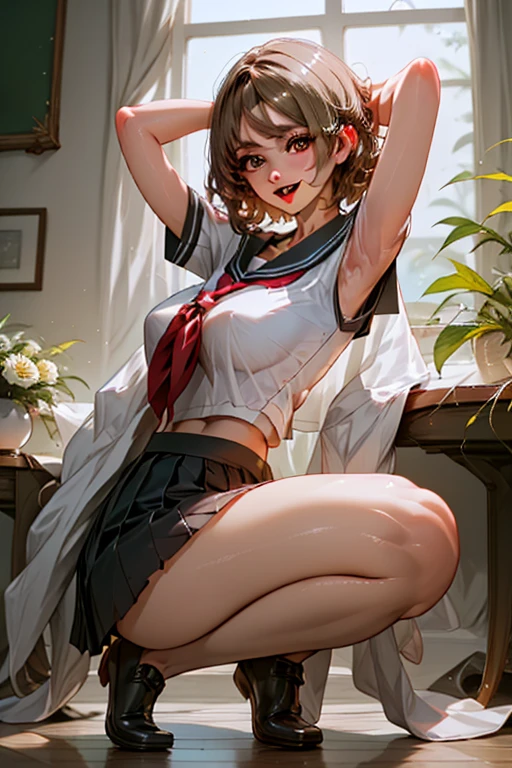 Smooth Anime CG Art、solofocus、1girl in、(((View from directly below)))、(((upper body))、red bowtie、blazers、Brown jacket、long-sleeve、Plaid skirt、(small tits)、(((Sweat)))、slender、Hair Flower、Medium hair、(((Sweaty)))、Teary-eyed、red blush、embarassed expression、Open mouth、((sitting on))、((Legs spread wide))、(((to close range)))、(((On a white bed)))、White walls、(((The background is only the bed and wall)))