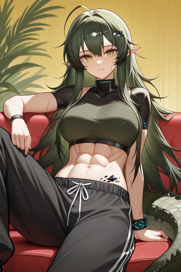 High resolution,high resolution,Girl,(Unshaven,Dark green hair,Short Hair,),Grey Eyes,Slanted Eyes,Bad mood,Brown skin,boyish,slender,Abdominal muscles,Military Suits,Bandage,Soldier,On the bed,Dark Room,Dog Tags,Helmet,Large Breasts,Wet with sweat,Sit on a chair,Get on one knee