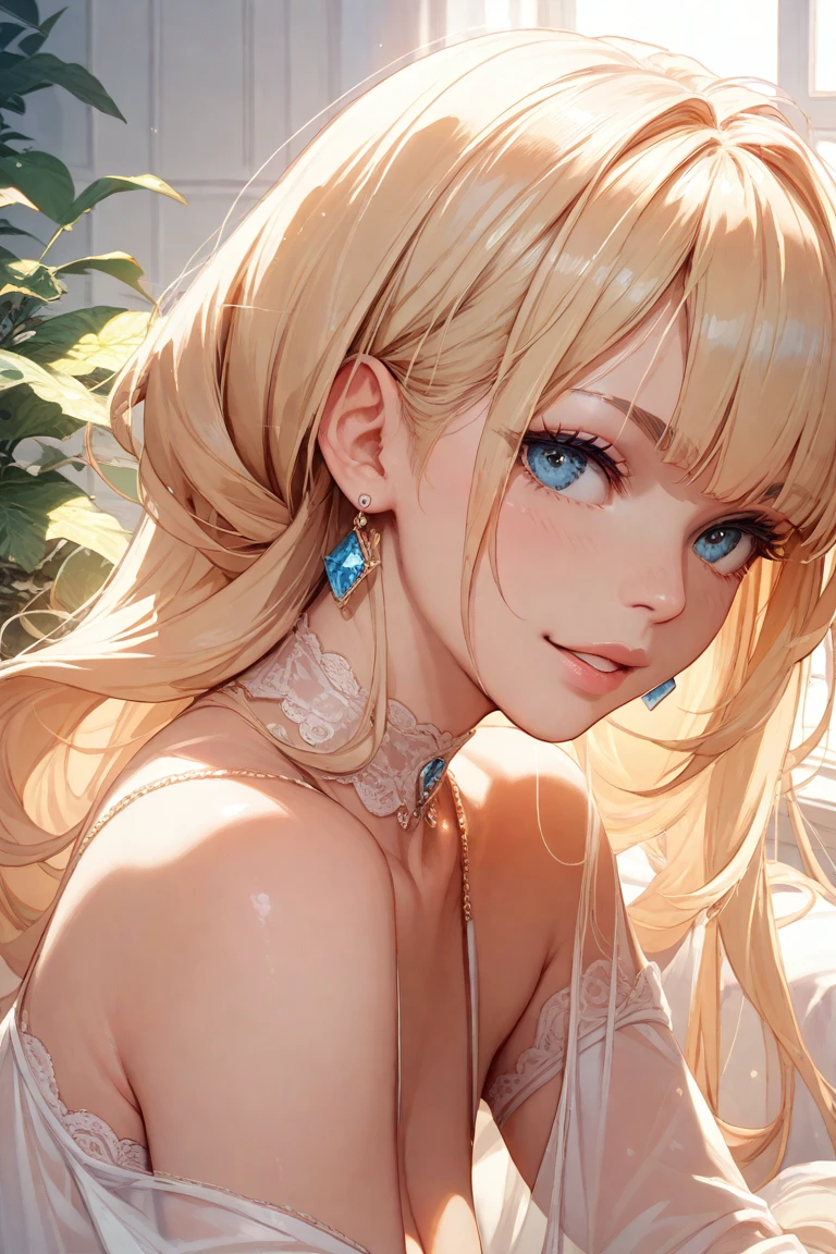 (high definition symmetrical poster art), ((Art Nouveau portrait, goddess of breasts, round face, small breasts, complex designed decorations around the breasts, focus on breasts)), pubic hair, blush, blond, braid,