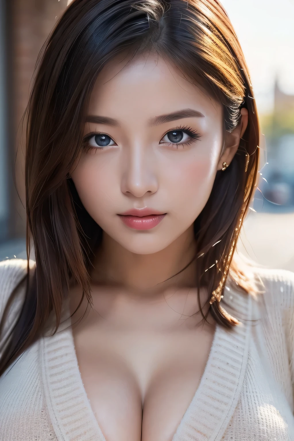 (((Generate in safe mode))), ((Realism)), Facing forward, (Face close-up:1.21), (Close your mouth:1.21), (highest quality:1.4), 32K resolution, (Realistic:1.5), (Ultra-photorealistic), High resolution UHD, (masterpiece:1.2)), (Improvement of quality:1.4), (Very beautiful facial details), (Highest quality realistic skin texture:1.4), 1. woman, Supermodel, , Perfect Anatomy:1.37, Japanese woman, (Hair dancing in the wind), (Beige tank top:1.37), (Culottes skirt:1.21), (In Onomichi, Hiroshima:1.21)), ((In the narrow streets of the downtown area in summer:1.37)), Very detailed, (Brown eyes), Symmetrical eyes, Thin lashes, Sharpen your eyebrows, (Perfect eyes of the most absurd quality:1.25), ((Sharp, perfectly round, realistic black_eyes:1.35 Ultra DETAILED)、(Very intricate details:1.2)、((Finely detailed pupils:1.4)), ((A great eye for quality:1.2)), (Long eyeliner), (Pink lipstick:0.8), (Detailed nose:1.2), Perfect composition, (tired, Sleepy and satisfied:0.0), (Beautiful Lips:1.33), (Great nose:1.2), (Flat Chest:1.21), (Slim lower body:1.21), (Wavy Hair:1.37), (Brown Hair:1.21), Let your bangs hang long, ((Sharp focus)), (Highest Resolution), dramatic cinematographic lighting,