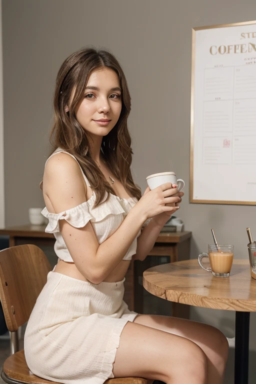 pretty woman sitting at a table, vase of flowers in the background, covered in plants and flowers, sitting in a cafe, natural beauty, depth of field, cinematic lighting, masterpiece, breathtaking, photo-realistic