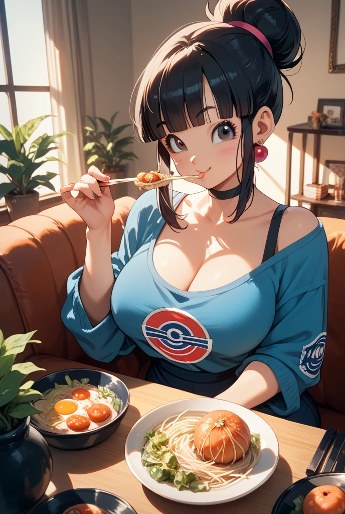 there is a woman that is sitting at a table with a plate of food, ayaka cosplay, oppai, 4 k post, 4k post, sakimichan, ❤🔥🍄🌪, ayaka, beast, japanese goddess, deayami kojima, , Yoshitomo Nara