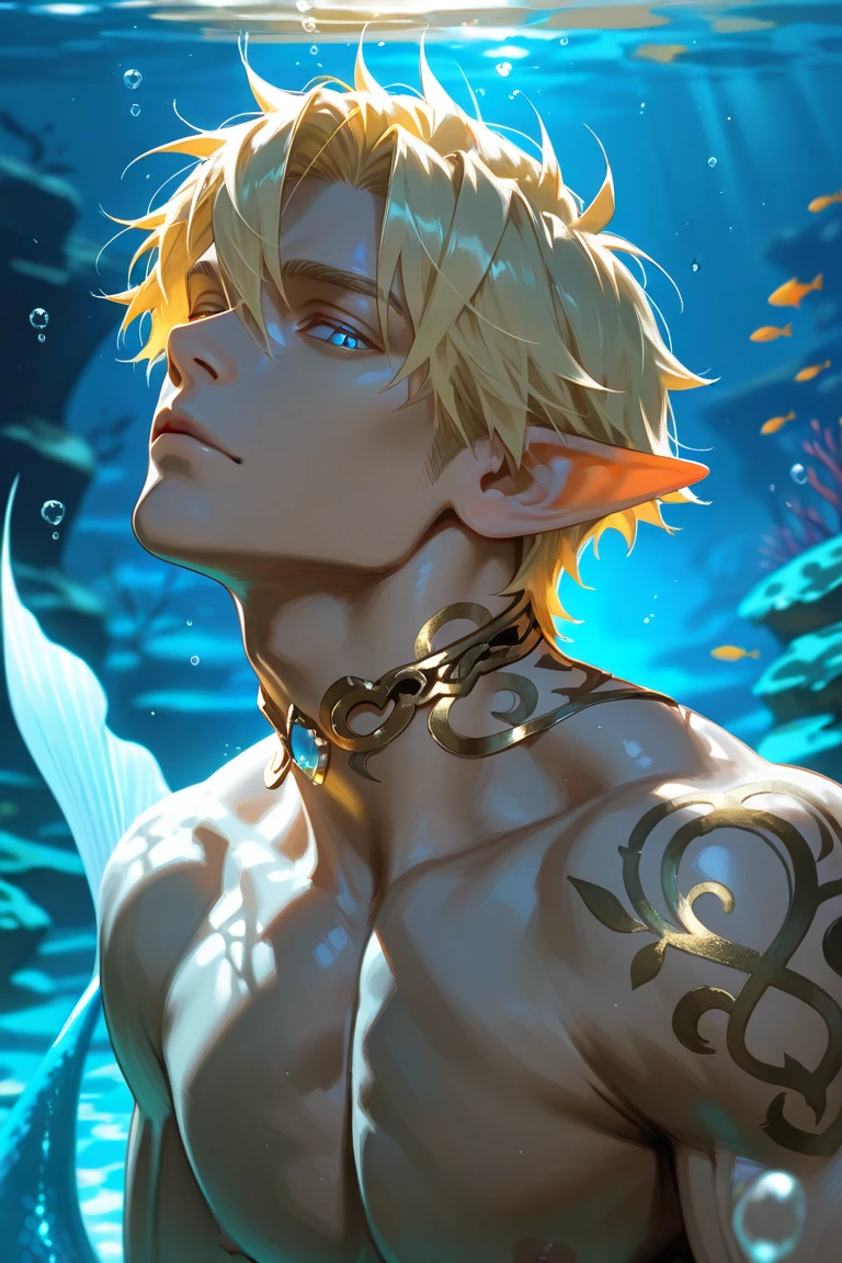 a young male tritton with medium-length blond hair, freckles, scales on certain parts of body, underwater, fish, coral, submarine vegetation, shell, clear water, tritton, long eyelashes, realistic, photorealistic, photo-realistic:1.37, 4k, ultra-detailed, extremely detailed, hyperrealistic, highly detailed, masterpiece:1.2, vibrant colors, natural lighting, cinematic, dramatic, fantasy, magical, surreal, ethereal, serene, tranquil, atmospheric, bubble, no clothes, fish man.