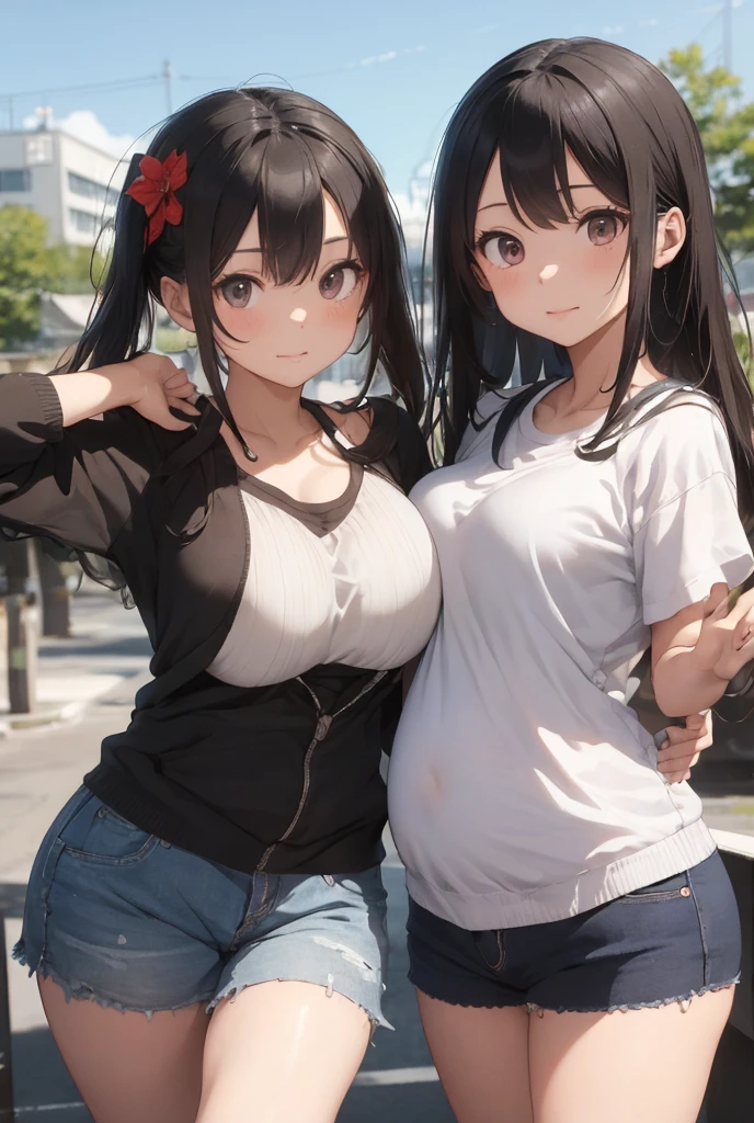 2heads, tall thin woman with 2 heads. Massive breasts. Mature. At a music festival. Drinking a beer. Festival attire. Deep cleavage. Messy hair. Happy. Smiling. Blushing. Cool expression, smug. Think eyeshadow. Seductive. Pulling shirt, touching breasts. Huge thighs. Extremely huge breasts. Girlfriend. Selfie, POV selfie, talking a selfie.