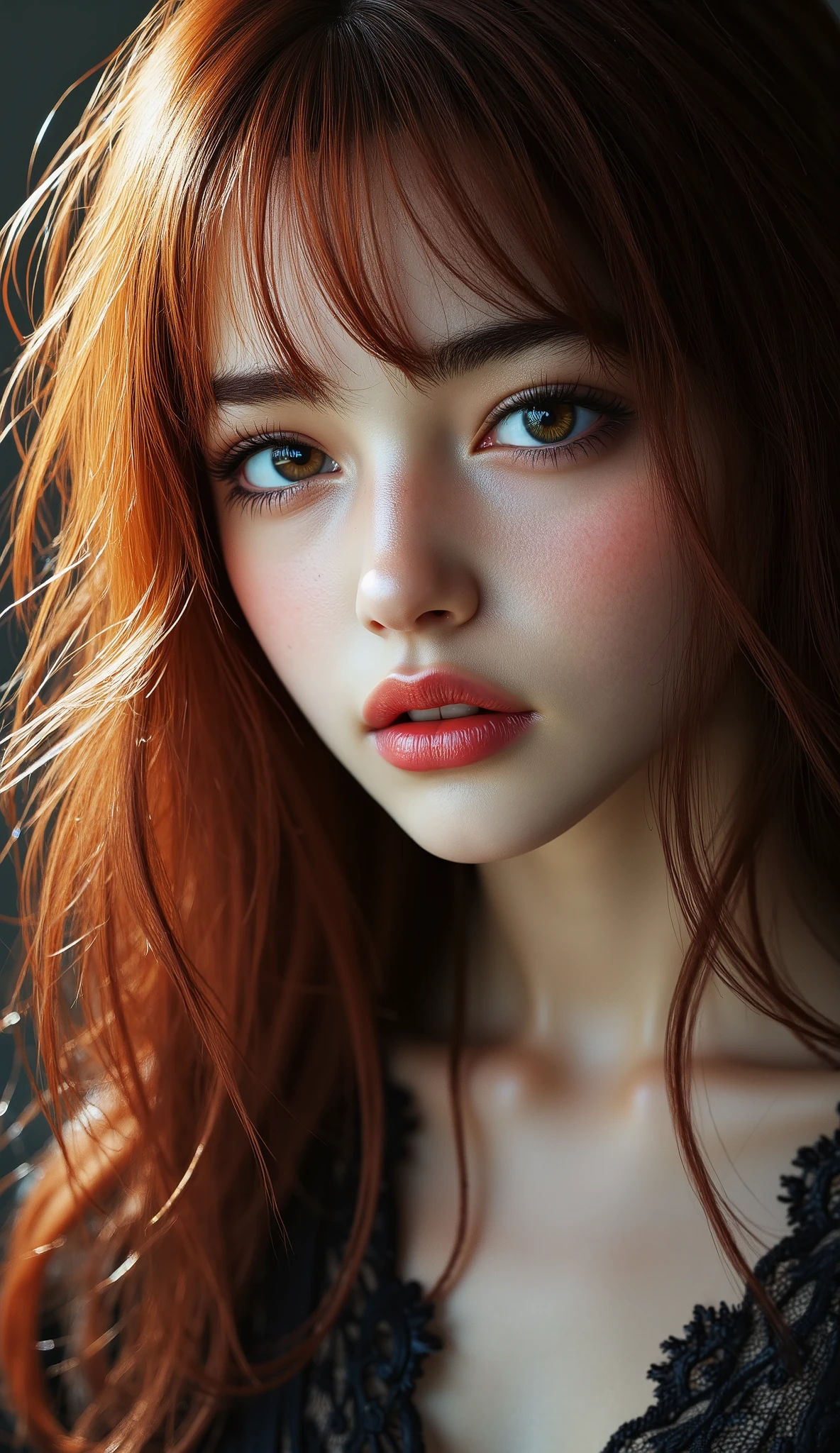  [Style: - "8k, masterpiece, realistic, Photorealistic realism, Hyper high resolution" - "highest quality, intricate ultra-detailed digital art"] (Key Directive: - "The priority is the anatomical accuracy and texture of the materials" - "Ultra-sharp human eyes with biological accuracy") {Character: "a beautiful girl, [Rosé from blackpink((firm and full breasts))]" | Face: "full lips, red lipstick, intense gaze" | Eyes: - "((sharp focus, no blurry eyes, Hyper absurd quality, Hyper details, Hyper realistic brown eyes:1.4))" - "((extra narrow eyebrows))" - "(Carefully draw Long blue_mascara:1.2)" - "(perfect round eyes)" | Hair: "long hair, red hair, curls at the ends of the hair, hair above one eye,((long combed to the side))" | Pose: "elegant pose" Outfit: [Top: "modest {}, ()" | lace: "(())" | (Boots: "Black Long()"] Environment: "Mt. Fuji tori" Lighting: "studio lighting, monochromatic, striking contrast, dramatic shadows" (Rendering engine: "Unreal Engine 5 path tracing, 16K texture maps") | The ultra-Highres,Unreal 5,Subsurface scattering,PBR Texturing,Post-Processing,Anisotropic Filtering,depth of fields,Maximum Sharpness and Sharpness,multi-layered texture,Albedo and Specular maps,Surface Shading,Precise simulation of light-material interactions,perfectly proportions,Octane rendering,Two-tone illumination,Wide Aperture, low ISO, white balance, The rule of thirds