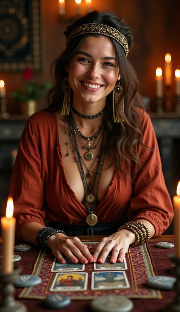 A photorealistic image of a woman 40 years old, tarot reader, sitted on a table with tarot cards and candles. Shot from a close-up angle to capture the sense of texture and vibrancy.