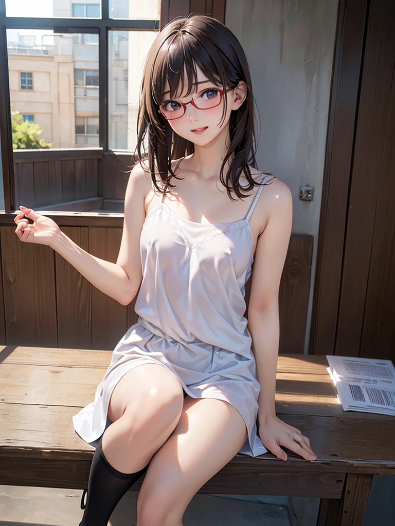(masterpiece, highest quality), One Girl, Satou, Satou, Glasses, 赤いフレームのGlasses, A bath towel is wrapped around the body:1.8, Satou, Glasses, 赤いフレームのGlasses, hot spring,head to feet,hot springに入っている,Wet Hair,