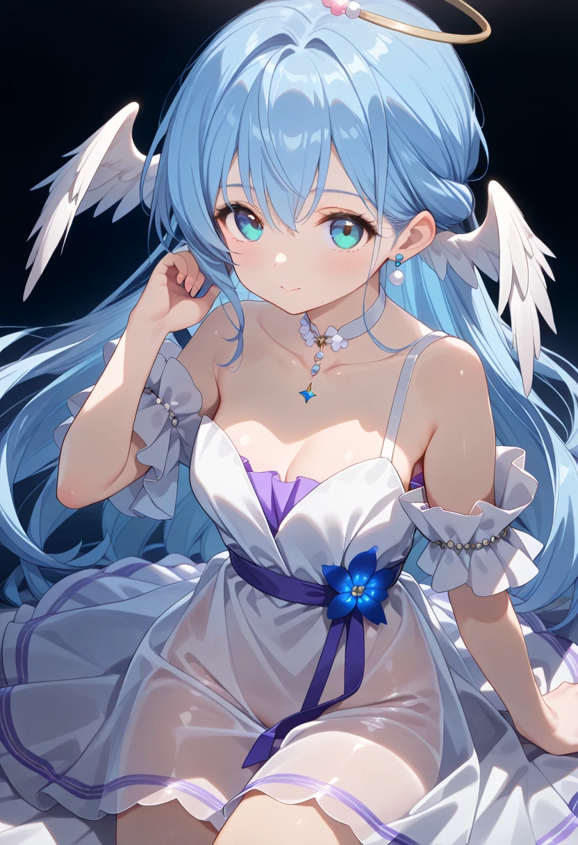 masterpiece, best quality, large breasts, blue eyes, forehead bangs, blue hair, long hair, embarrassed, with angelic wings, (angelic halos:1.2), in a heavenly paradise. flowing white gowns with golden accents and delicate, multiple girls, (1boy:1.2), (pov:1.2), (sex:1.2), (3girls:1.2), (cowgirl position:1.3), (girl on top:1.2), (straddling:1.2), (nsfw:1.2)