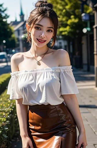 Height: 170cm, 30 years old、Pale face and eyes:1.3、Very thin face and eyes:1.3, (blown eyes:1.5)、{highest quality}, {{masterpiece}}, {very delicate and beautiful}, outstanding light and shadow, highly detailed wallpaper, clear and bright sunlight, 1 girl, , blush, short bob hair, strong sunlight, (See-through white blouse、White see-through mini tight skirt、Supermodel Legs、Low heels。White Beret), delicate hair, (realistic skin texture:1.3), saggy breasts, cleavage、or wrinkles on the skin are noticeable., B cup, broad shoulders, ((whole body)), necklace、ring、earrings、smile、Shibuya city background:1.5