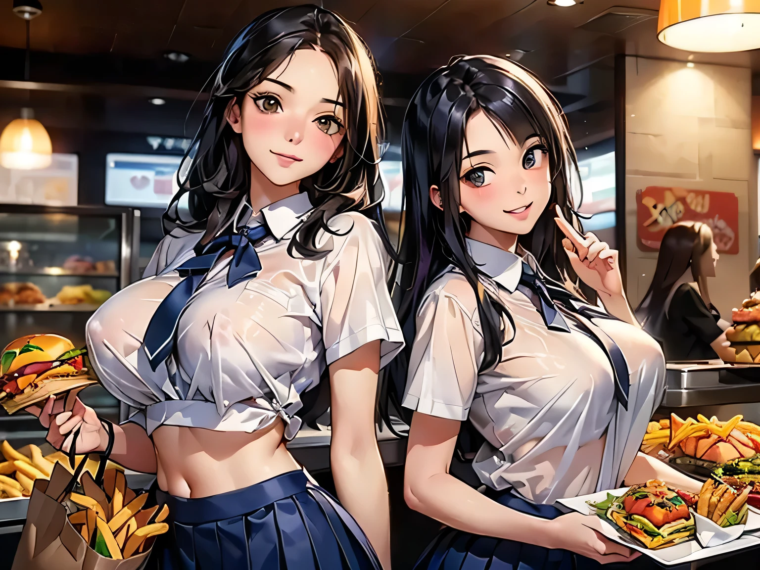group_mf, ((Beautiful sisters who look good in school uniforms))、Ultra-detailed、(Highest Quality、8k、high resolution、masterpiece:1.2)、Original photo、realistic、impressive angle from below、2 girls、(perfect anatomy:1.7)、((beautiful eyes on my stomach))、(beautiful and well-groomed face)、(viewers)、(Customer service with a smile showing teeth)、black hair、Super hourglass body type、( Upwards Super Big Breasts :1.4)、Clothed Erect Nipples 、sexy thigh gap、(see-through, colorful sisters with the same design school uniform:1.3)、bold skirt with a super sexy design mini、(Improving the transparency of uniforms )、(with a bold slit and a super sexy design mini {x} holding a tray containing hamburgers, french fries, and plastic tumblers)、correct finger、Inside a bright fast food restaurant、counter showing photo menu、(dynamic intimate sexy pose for 2 people)、Intimate Sisters Who Seem to Kiss、fast food products placed on the counter、warm lighting、MOVIE COMPOSITION、concept art with a bit of rock