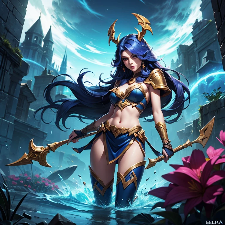 Use the character Irelia from League of Legends as a base and develop a realistic image in 8k, be creative, apply sensuality, perfection in details, dynamism in colors, extravagance, eroticism, use lush landscapes in the background, soft lines --auto --s2