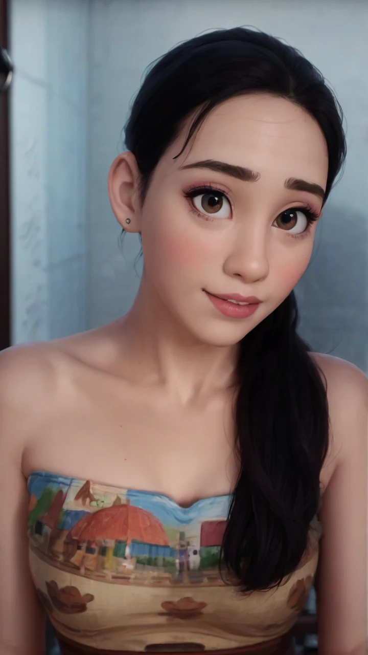 make images for me: moana ((from the movie moana)), smiling slightly, a little close to the camera, wearing a black corset, hair tied in a casual bun, holding a cellphone, sitting on the bed, in the pink bedroom.