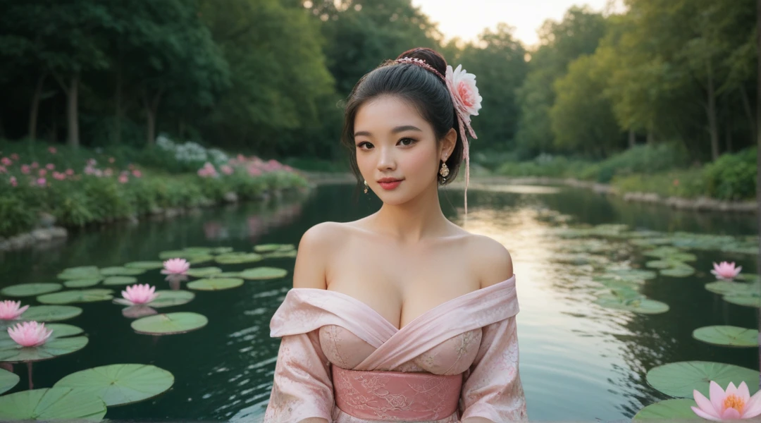 Best Quality, 超A high resolution, (Photorealistic:1.3), NSFW, (1girl in:1.1), (Humph Girl:1.4),youthfulness, (NSFW:1.4641), (toppless:1.4641), (Open your clothes:1.1), (doggystyle:1.331), (:1.4), (off shoulders:1.1), (Looking at Viewer:1.331), (Large breasts:1.61), Humph Girl, Pink-beige hair, Blunt bangs, Parted bangs, High Ponytail, half updo, (Crown braid:1.21), braided bun, earrings, (Hanfu:1.414), (Parted lips:1.1), (Eyelashes:1.1), (Happy:1.21), (depth of fields:1.1), Lens Flare, (chromatic abberation:1.1), (Caustics:1.1), In summer, (Water:1.331), (Water splash:1.21), branch, (Beautiful detailed sky:1.331), (flowers on liquid:1.331), (scattered luminous petals:1.331), ulzzang-6500,(Keta-31500:0.75)