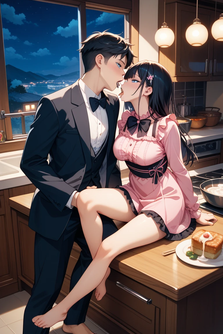 (masutepiece, Digital Art, Digital Illustration, 4K, 8K, Ultra-detailed, beautiful image, Sharp Image, Photorealistic, Raw photo, Perfect face, Perfect lines, Perfect eyes, Soft lighting) 1 woman, (Long Black Hair,straight haired,Bullish gaze,Beautie,Woman in suit、Solid makeup,23 y-o woman,small tits:1.3),Secretary, Two handsome men in suits, (ember,Men in suits,well-muscled,Firm shoulder width,Adult male,Boyish hairstyle,English gentlemanly style,Man in his 30s with a cool expression,28-year-old man with bright smile:1.2),light-filled kitchen、Kitchen Counter、water work、the kiss、kiss、a couple、couple kissing、Romance、ssex、have sex、Wet pubic area、insert 、Rape、Overflowing、Full body painting,(One Girl And One Man,Having sex:1.5),(ember,Adult male,Rubbing the girl's boobs:1.2),Cheek dyeing、gasping face、embarrassed、boredom、begging、Unhappy、Greedy expression,Wet pubic area、 xen、Open your crotch wide、Cowgirl、Fluttering chest、Wet shirt、Sheer black lace underwear、
