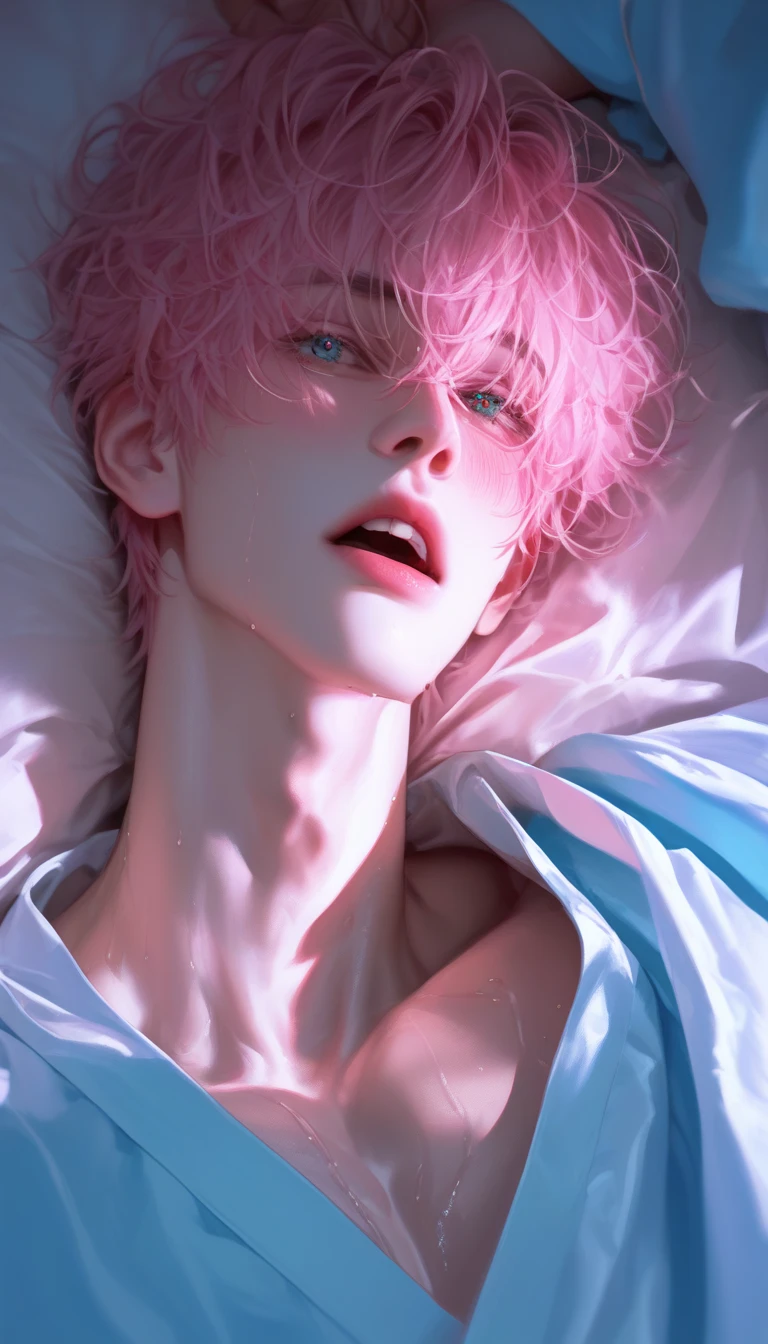 male,Work out on the big white bed,Handsome facial features,summer,Wet body,Wet body,Sweat,Exposure,full,Upturned hips,Translucent pants,full of force,Short white hair,muscular,muscular的胸部,No pants,Slender legs,Fluttering petals,masterpiece, best quality, (Extremely detailed CG unity 8k wallpaper), (best quality), (Best Illustration Award), (The best shadow), absurd, Realistic lighting, (abyss), Beautiful and delicate light, Artworks by Peter Mohr Bacher,