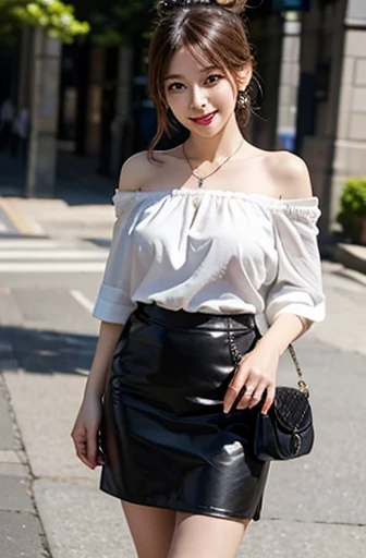 8K、Detailed Description、Very high definition、Realistic、reality的、Real、live-action、reality、High resolution、Nogizaka46、japanese idol,beautiful girl、21 years old、Dark brown eyes、sunny、summer、blue sky、Railway stations、Are standing、Back view、look back、Off-the-shoulder tops、Short black shorts、over the knee socks,Straight Hair、Shortcuts、Bangs、blunt bangs,light smile,closed mouth,Knee-up-top angle of view、Back view、look back、Very black hair、pretty girl、Beauty、Glowing Skin、Glowing Skin、Shiny Hair、Hair blowing in the wind、Very white skin、Heavy makeup、Large Breasts、Slit eyes、Big Eyes、Dark brown eyes、Double eyelids、Don't show your teeth、Hang the bag over your shoulder